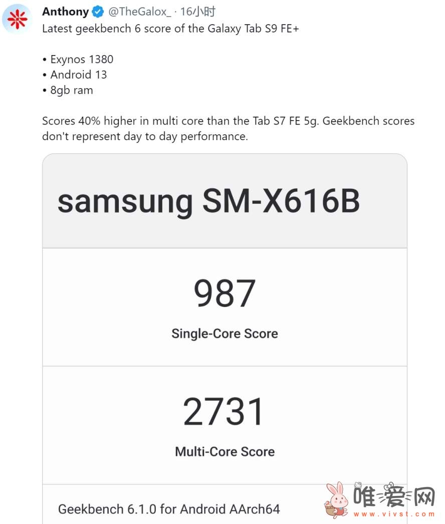 三星Galaxy Tab S9 FE+平板现身Geekbench：多核评分为2731！